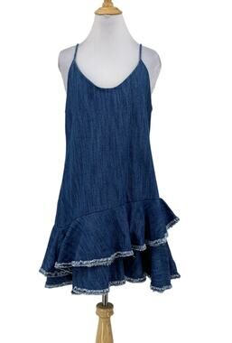 Alexie Dress Womens L Large Denim Cotton Frilled Layered Tiered Drop Waist Mini